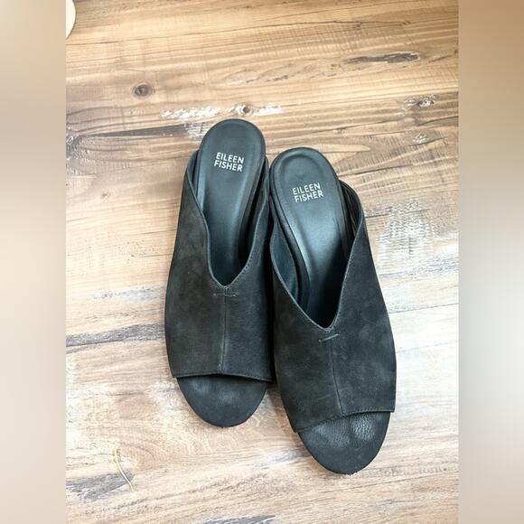 Eileen Fisher Womens Size 8 Black Katniss Nubuck Leather Block Heel Mules Sandal - Picture 2 of 7